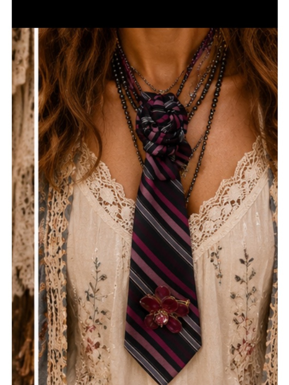 Striped Pink and Black Necktie Necklace with Floral Accent
